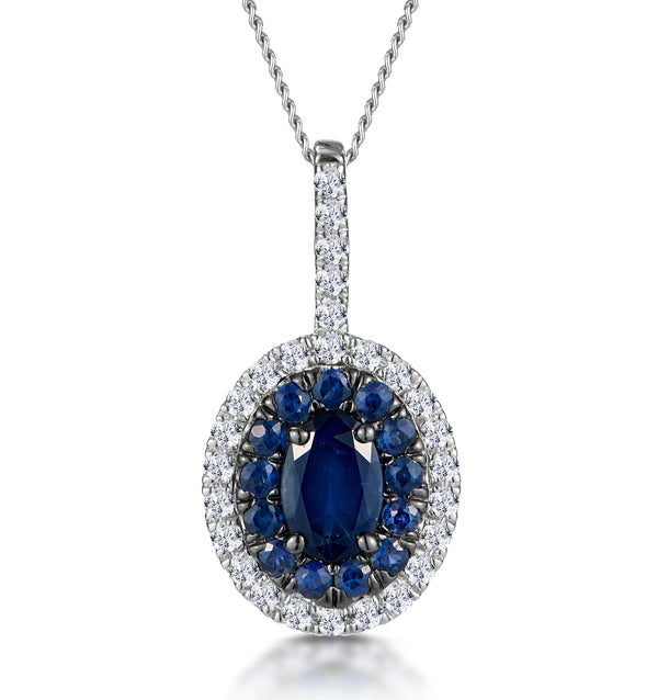 Sapphire and Lab Diamond Oval Halo Necklace 9KW Gold Asteria